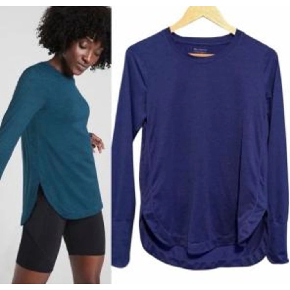Athleta Womens Navy Blue Heather Long Sleeve Training Top High Low Hem Medium